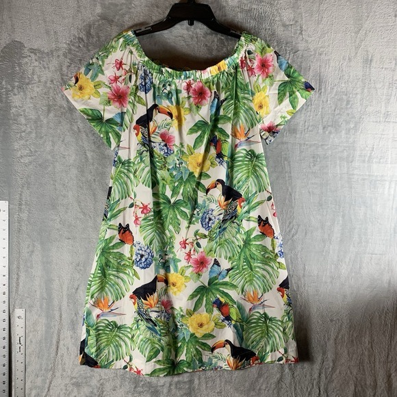 Soft Surroundings Women Dress XL Tropical Off Shoulder Birds Pockets 100% Cotton - Picture 1 of 9